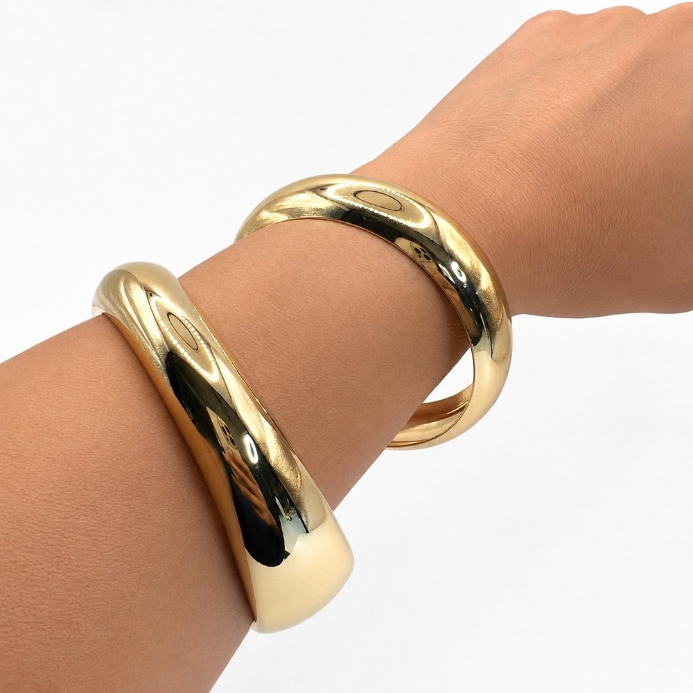Gold Tone Chunky Dome‎ Bangle Bracelet Set 2pc High Polish Minimalist Statement